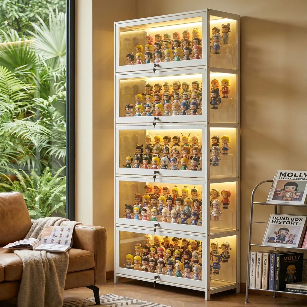 Display Cabinet with Lamp and Lock, Household Living Room Figure Display Cabinet, Multi-Layer Blind Box Storage Cabinet