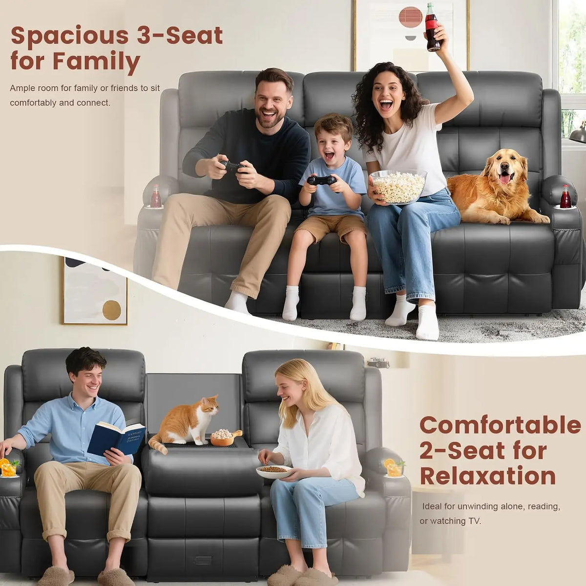 Recliner Sofa, Massage Reclining Sofa 3 Seater Sets Heavy Weight Capacity, RV Loveseat Couch Clearance with Flip Back, Custom