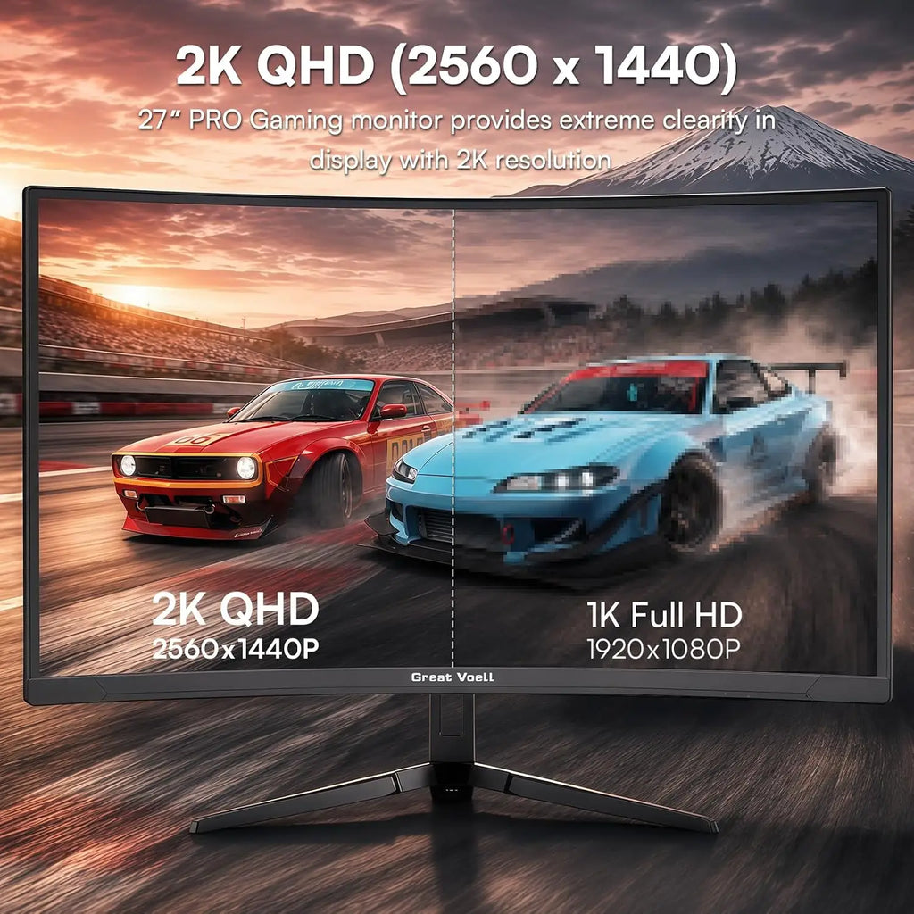 Great Voell 27-inch 240Hz Curved Gaming Monitor, 2K QHD, 1ms MPRT G-Sync, 1440p HDR VA Panel, 98% SRGB, HDMI 2.0 and DP 1.4, Tilt Adjustable, VESA Compatible, Black