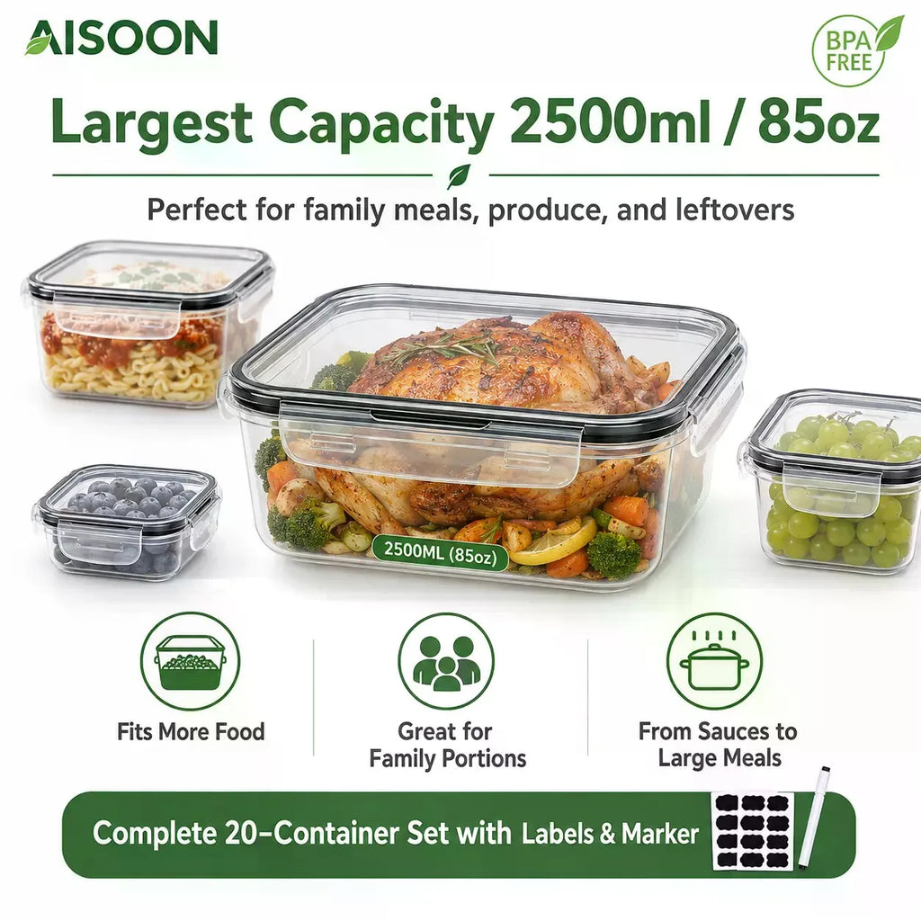 40 PCS Extra Large 85oz Silicone Airtight Food Storage Containers Set (20 Containers + 20 Lids) - Square, Round, Rectangular, Nestable Shapes, Leakproof, Reusable, Microwave & Dishwasher Safe, Labels & Pen for Fridge Organization, Home Meal Prep