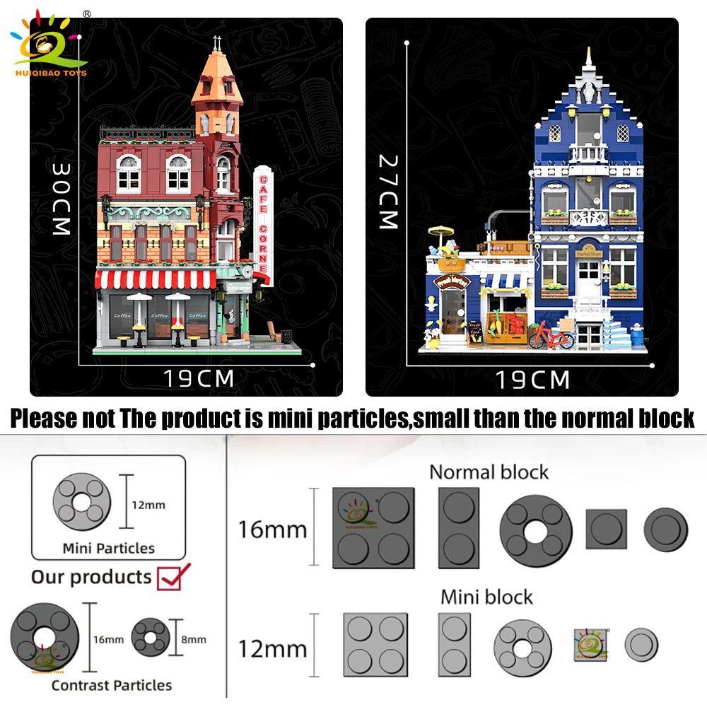 HUIQIBAO Toys MOC City Corner Coffee Shop Architecture Style Street View Micro Building Blocks for Children Construction Bricks