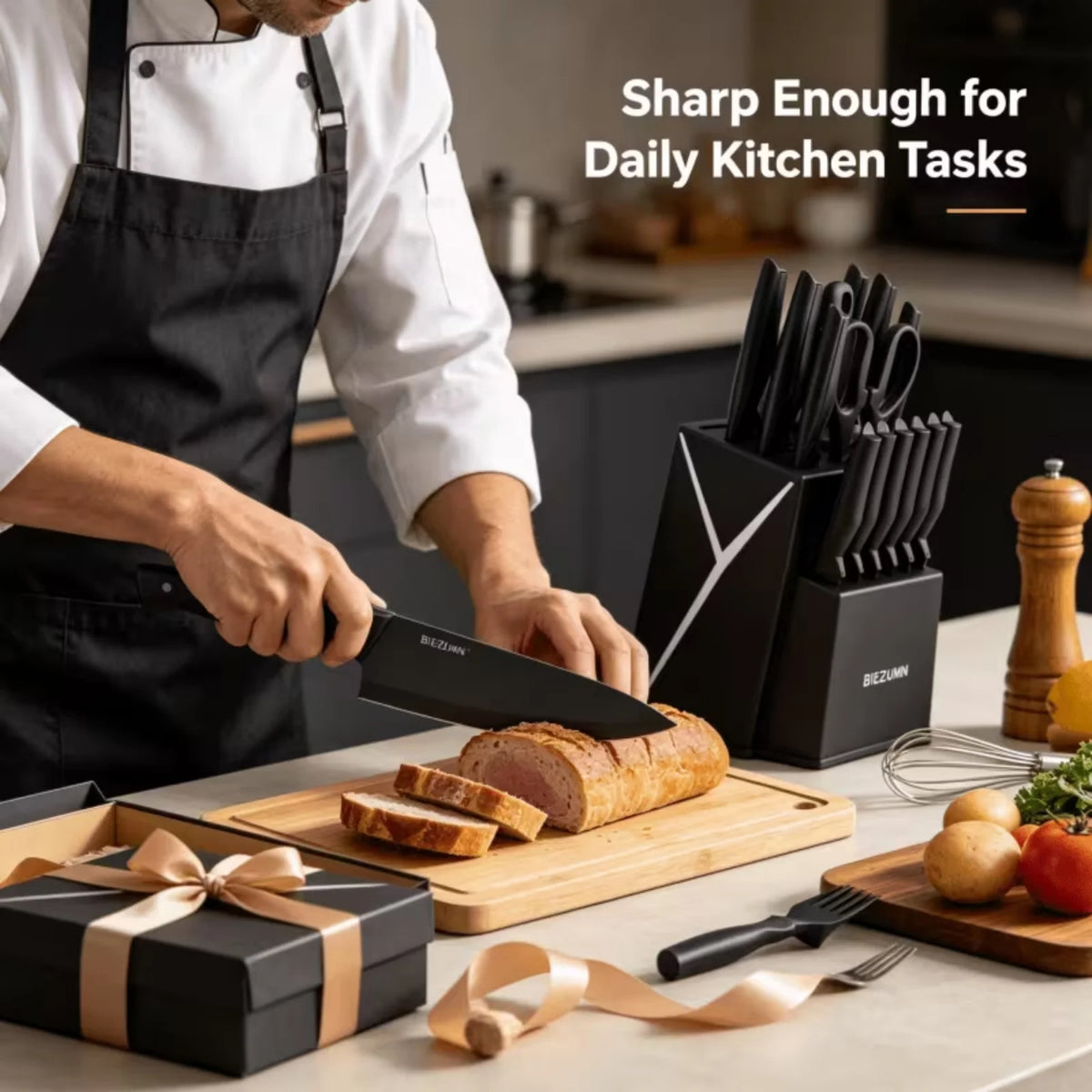 Kitchen knife set, 15-piece black kitchen knife set with block, dishwasher safe kitchen knife set with built-in sharpener, stainless steel black knife set birthday gift for mom or dad, kitchen gadget set