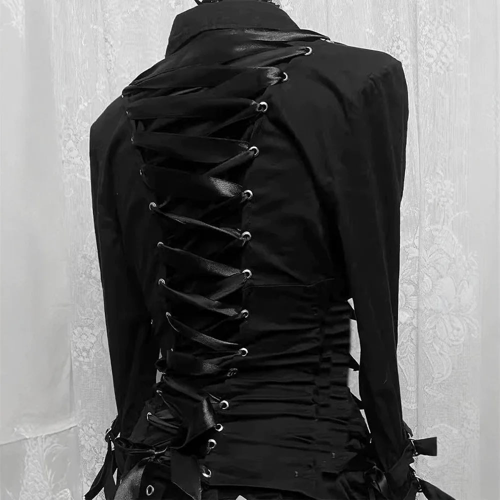 Dark Y2K subculture black shirt women's gothic high street metal buckle belt long sleeved slim fit top spicy girl Korean punk sh