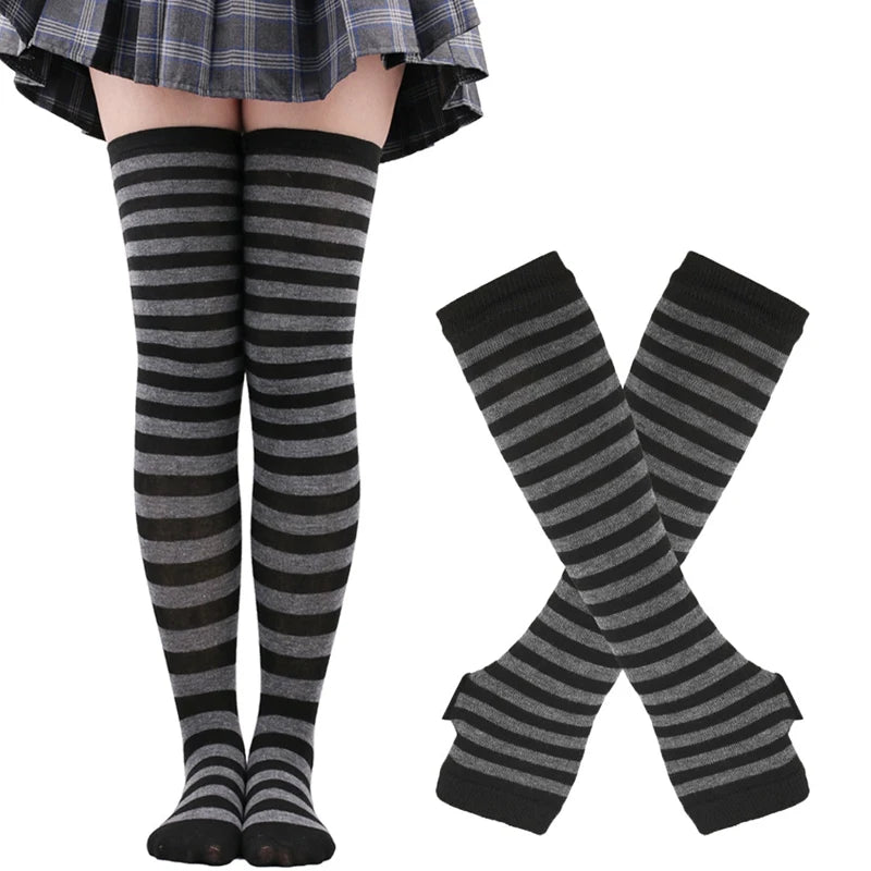 1 Set Women Girls Over Knee Long Stripe Thigh High Cotton Gothic Lolita Socks Arm Sleeve Gloves Sweet Cute Black Overknee Socks