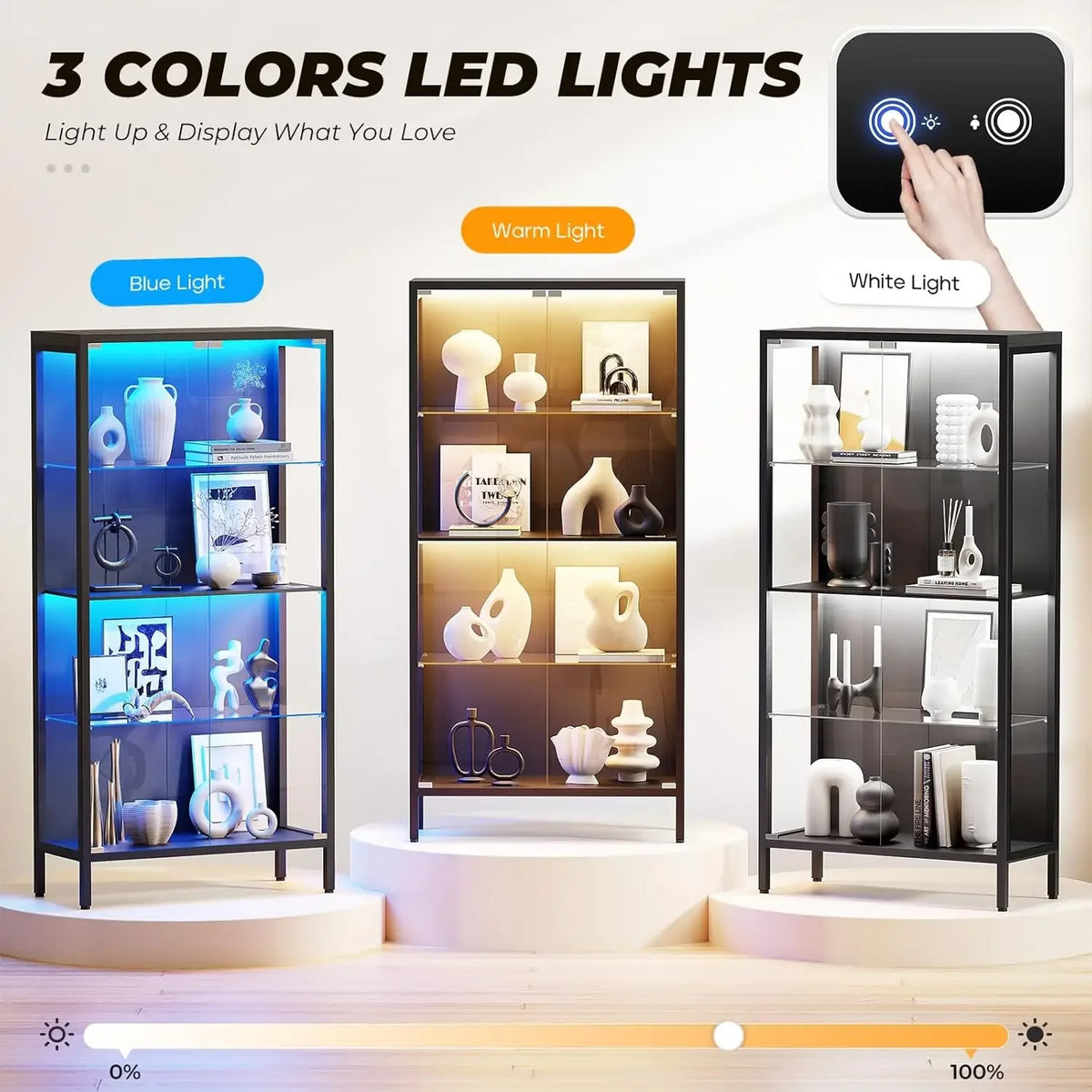 Black 4 Tier Glass Door Display Cabinet Curio Case With Motion Sensor Three Color Lights Adjustable Glass Shelves Storage Bookca