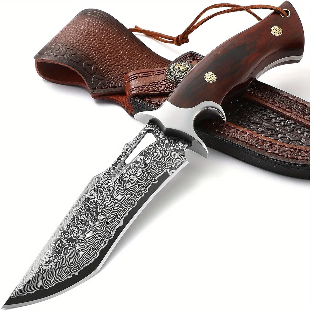 Damascus Advanced Straight Knife, Fixed Blade, Wooden Handle and Leather Scabbard, Easy to Carry, Fast Cutting, Loved by Men