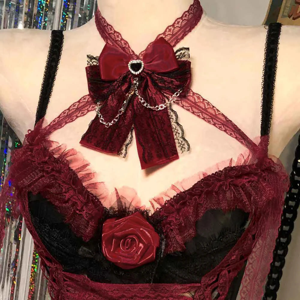 Red Y2K Gothic Dress for Women Lace Emo ALT Grunge E-Girls Lolita Ball Gown Rave Festival Cyber Punk Rock Star Goth Clothing