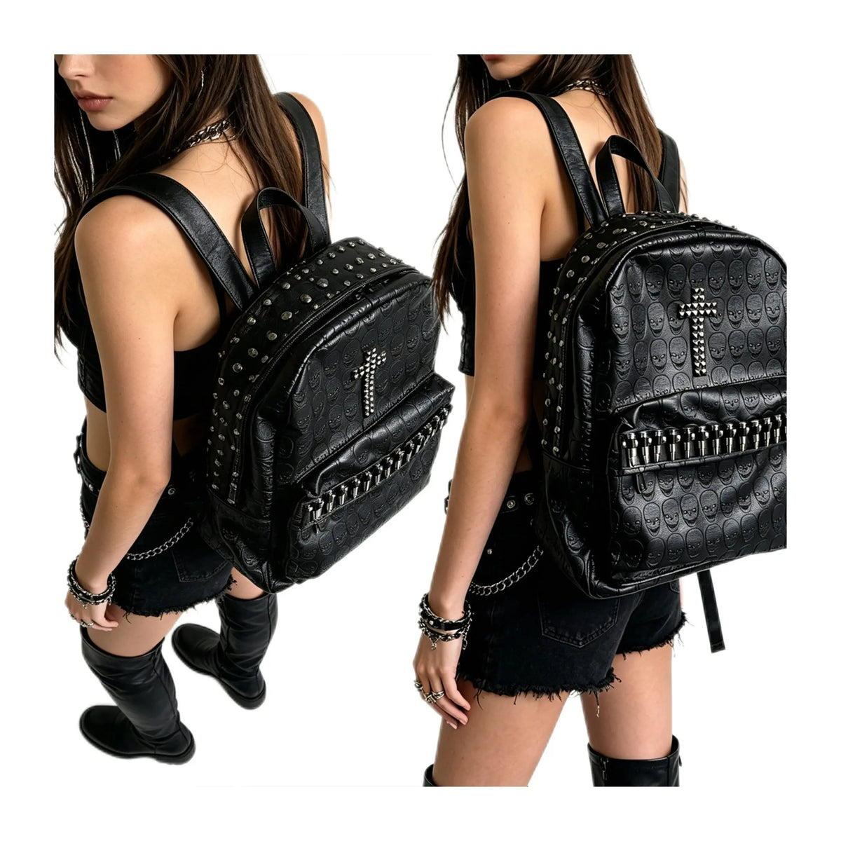 Punk Goth Rivet Skull Pattern Personality Backpacks Large Capacity Commuter Rock Backpack Y2K Black Leather Backpack