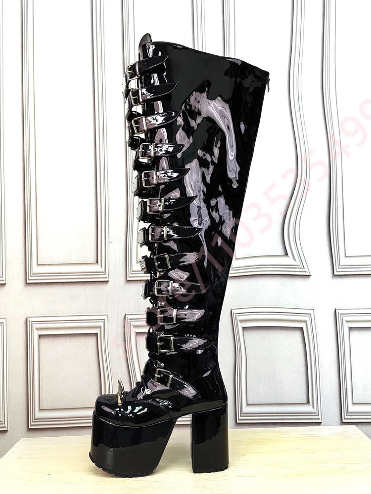Women's Black Patent Leather Knee-High Boots 2026 New Spiked Rivet Super High Platform Boots Belt Buckle Gothic Punk Party Boot
