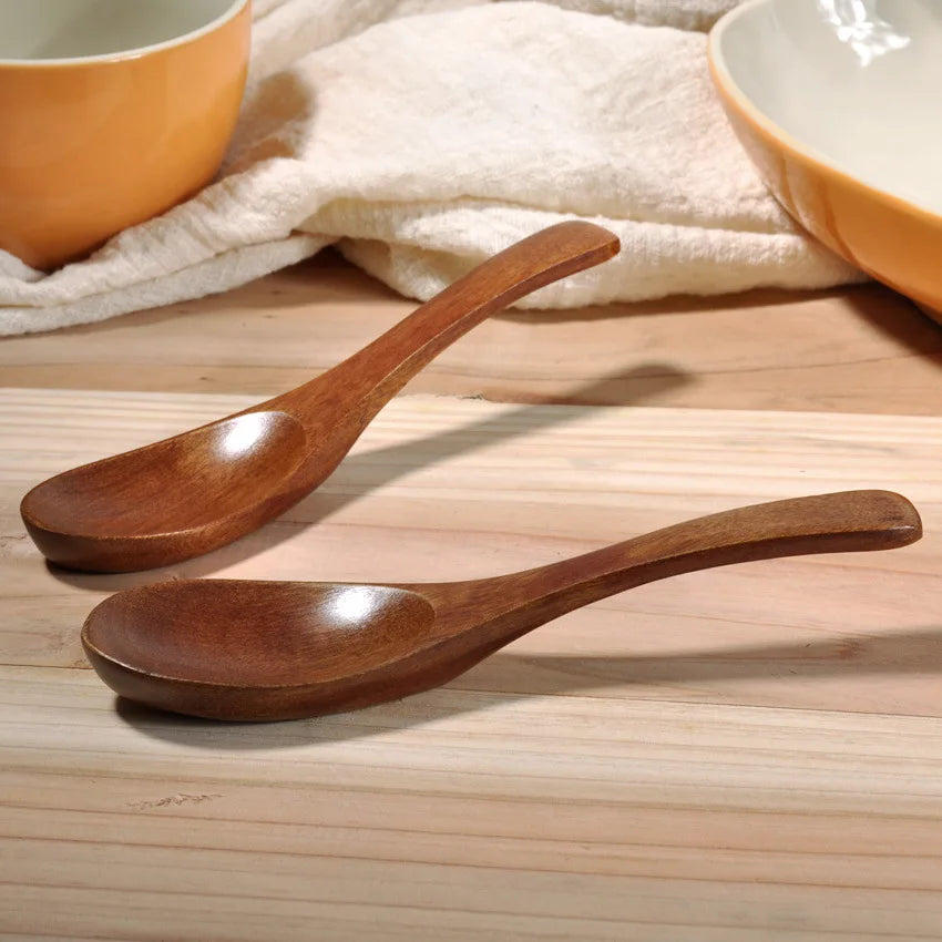 10PCS Wooden Spoons Flat bottom Wood Soup Spoons for Eating Mixing Japanese Style Kitchen Utensil Eco Friendly Table Spoon