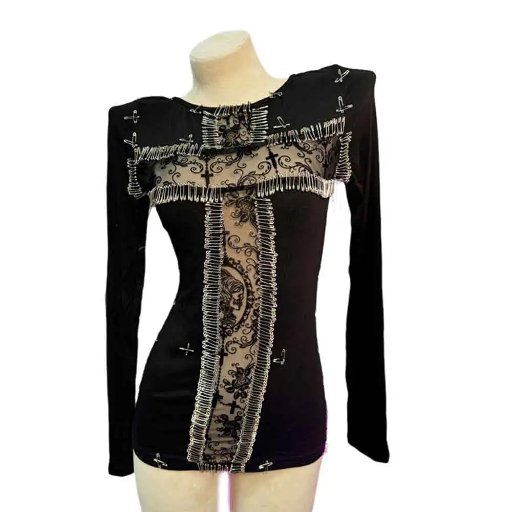 Harajuku Teen Punk Rock DIY E-Girls Gothic T-Shirt Emo Y2K TOPS Cross Grunge Kawaii Eco Goth Hand Made Pin 90s Rave Outfits