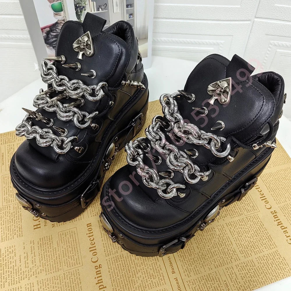 Black Cyberpunk Motorcycle Boots with Chain Rivet Round Toe Street Rock Belt Buckle Short Fashion Party Casual Boot for Women