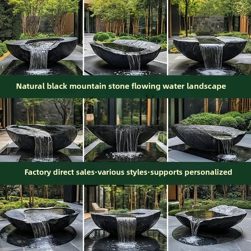 FZ  Black Mountain stone water bowl basin courtyard Chinese fountain stone carving water fountain garden  water feature
