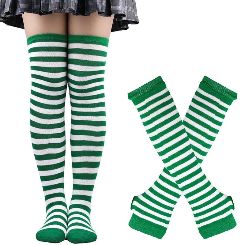 1 Set Women Girls Over Knee Long Stripe Thigh High Cotton Gothic Lolita Socks Arm Sleeve Gloves Sweet Cute Black Overknee Socks