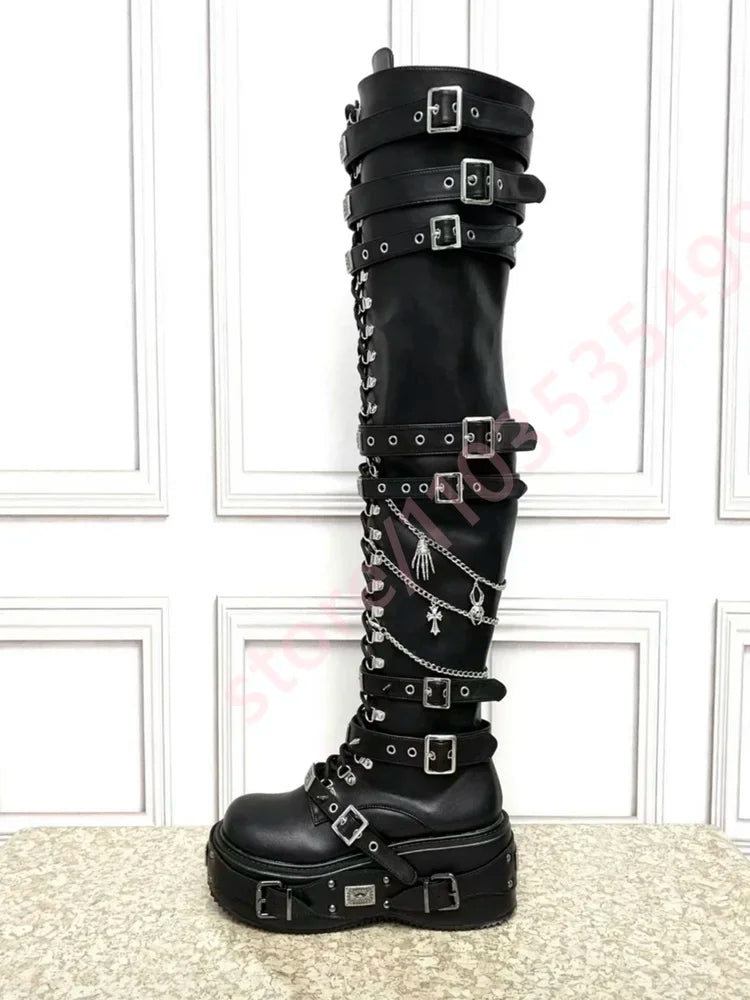Black Street Fashion Thigh High Boots Multi Metal Buckle Chain Gothic Punk Lace Up Wedge Heel Over The Knee Platform Women Boots