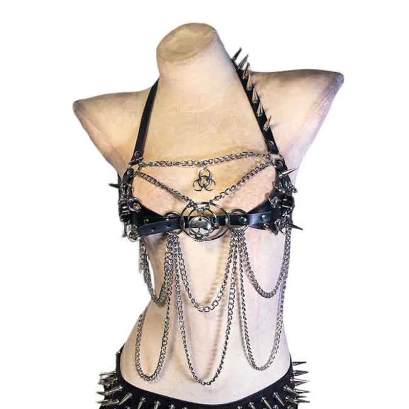 Gothic Emo Punk Woman Top with Spikes Alternative Grunge PU Leather Tank Y2K ALT Harnesses Gothic Clothes for Women 90s Party