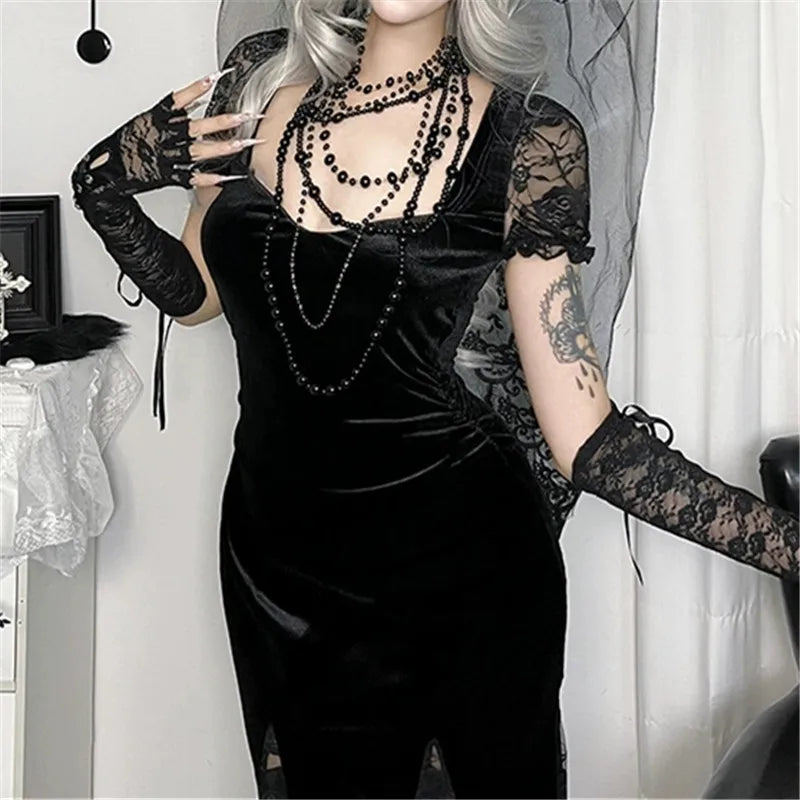 Goth Dark Women Elegant Fashion Short Sleeve Maxi Dress Halloween Party Outfits Mall Gothic Lace Patchwork Mermaid Dresses Slim