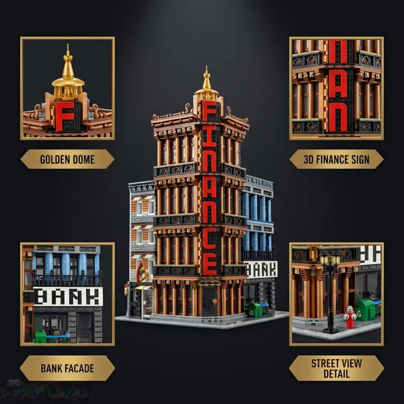 Adult modular building block set with 3,763 pieces, featuring a corner financial center street scene model, including bank and s