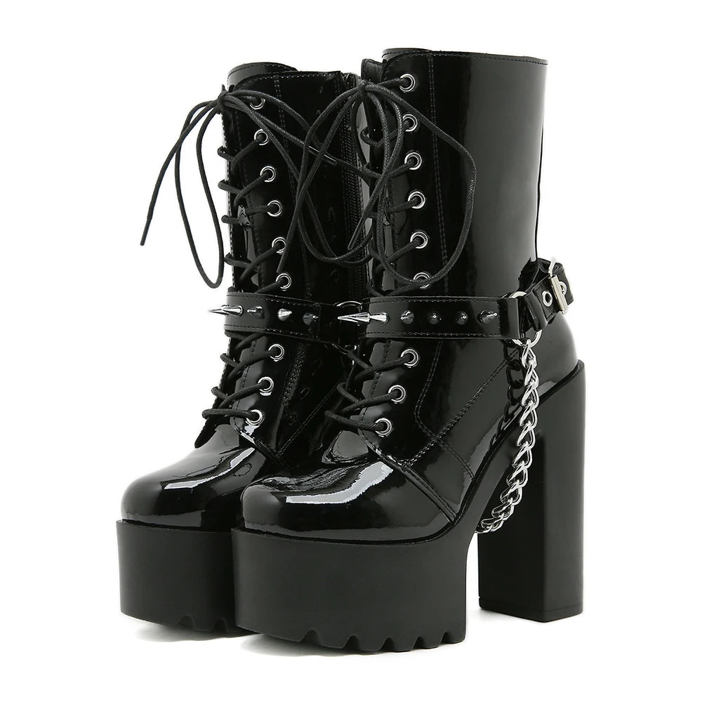 Gdgydh Halloween Punk Platform Boots for Women With Crisscross Straps Chains Rivets High-heeled Boots for Nightclubs And Stages