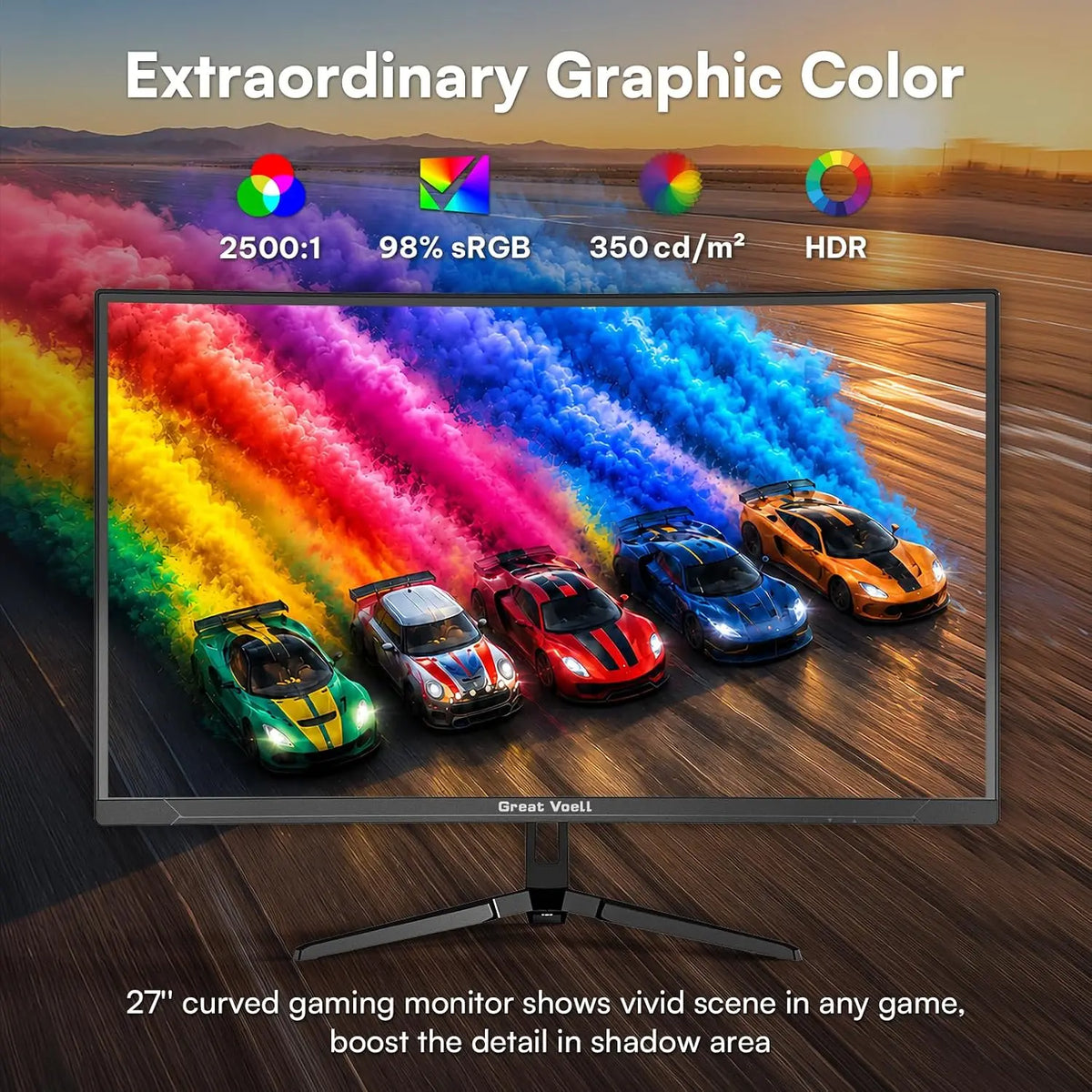 Great Voell 27-inch 240Hz Curved Gaming Monitor, 2K QHD, 1ms MPRT G-Sync, 1440p HDR VA Panel, 98% SRGB, HDMI 2.0 and DP 1.4, Tilt Adjustable, VESA Compatible, Black