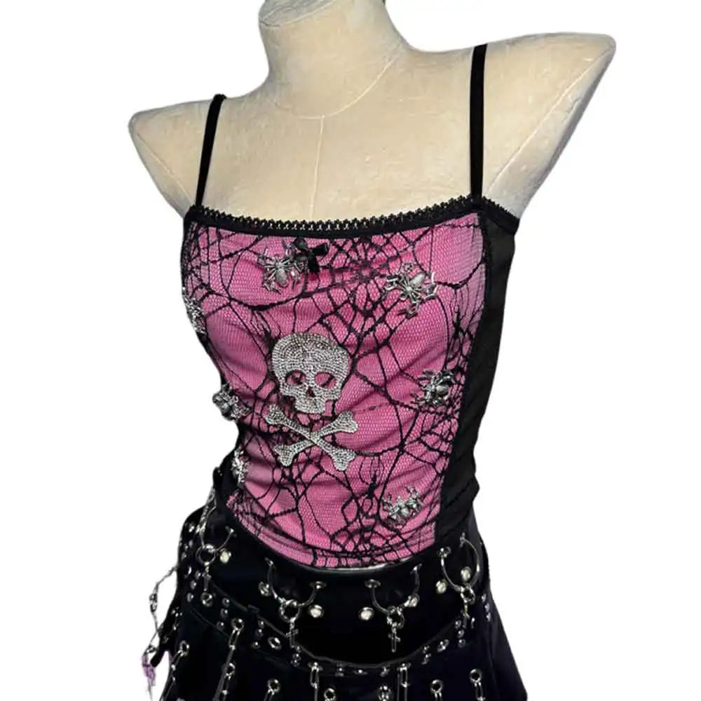 Pastel Pink Gothic Punk Rock Spider Halter Top Y2K Grunge Emo 90s Cyber Alternative E-Girl ALT Clothing Gothic Punk Rock Shirt