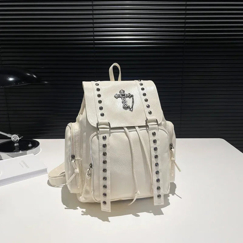 Rivet Y2K Backpack Women Gothic Punk PU Leather Shoulder Bag Ladies Vintage Harajuku Backpacks College Large Capacity School Bag