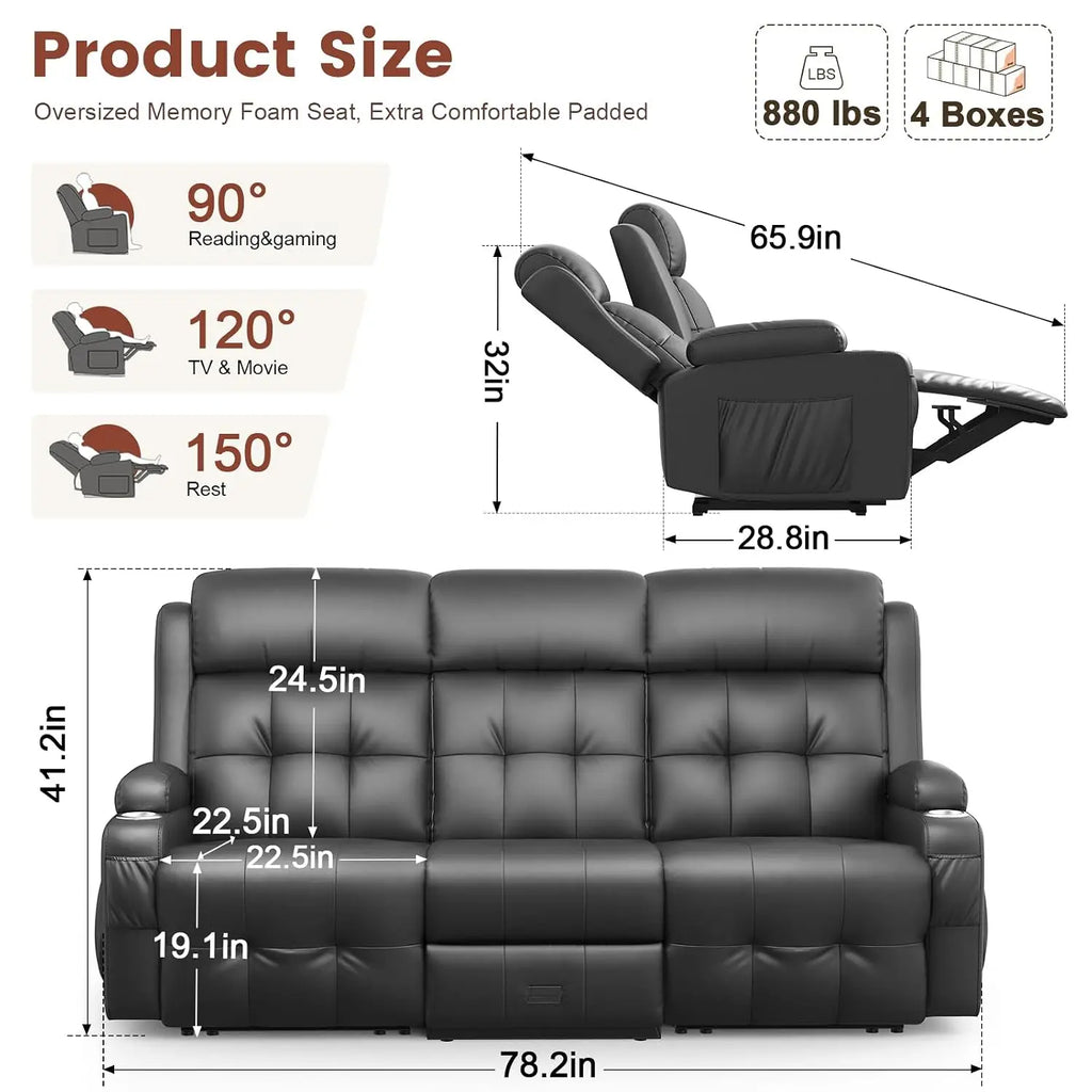 Recliner Sofa, Massage Reclining Sofa 3 Seater Sets Heavy Weight Capacity, RV Loveseat Couch Clearance with Flip Back, Custom