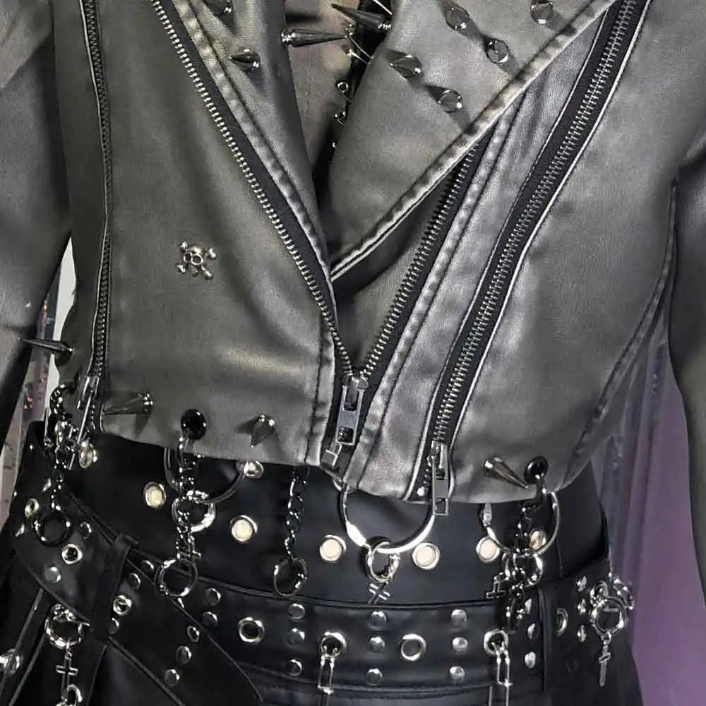 Women's Y2K Goth Black PU Leather Jacket with Spikes  Studded Gothic Emo Spiked Clothing Punk Rock Grunge Rave Festival Coat