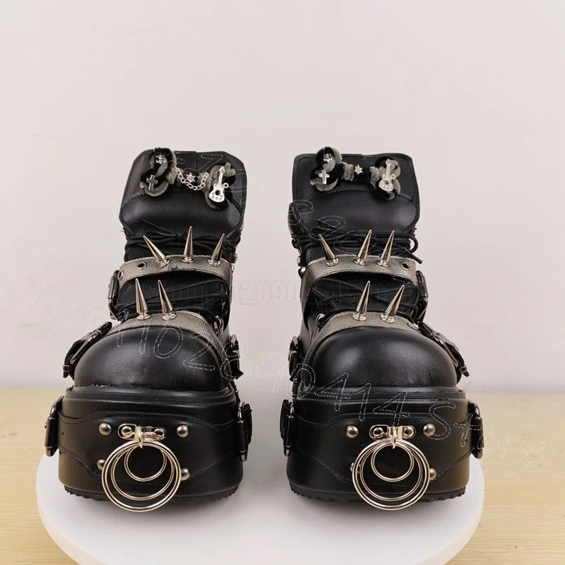 Silver Buckle Spikes Black Round Toe Platform Boots Slip On Women Shoes High Top Fashion Party Banquet 2025 Zapatos Para Mujere