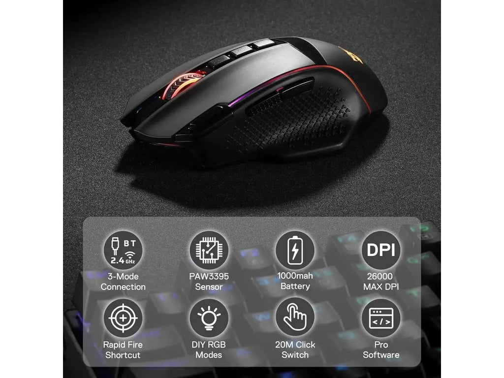 Redragon M991 Wireless Gaming Mouse, 26000 DPI 3-Mode Gamer Mice w/Rapid Fire Key, 9 Macro Buttons, Powerful Capacity and RGB Backlight for PC/Mac/Laptop
