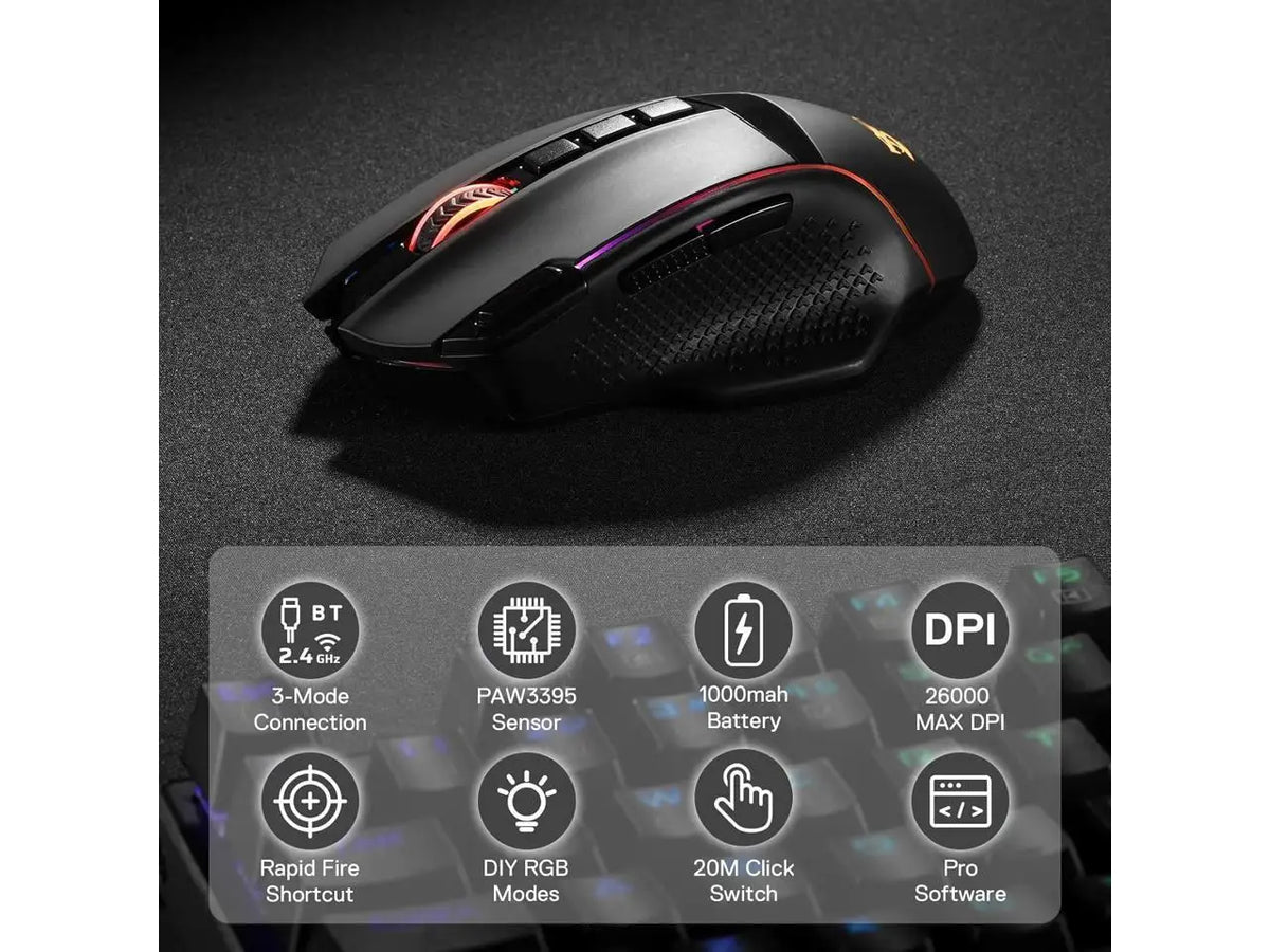 Redragon M991 Wireless Gaming Mouse, 26000 DPI 3-Mode Gamer Mice w/Rapid Fire Key, 9 Macro Buttons, Powerful Capacity and RGB Backlight for PC/Mac/Laptop