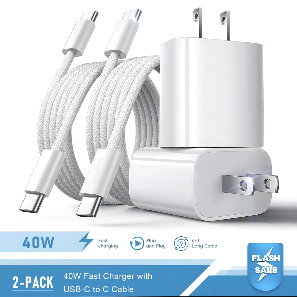 2 Set 40W PD USB C Fast Charger With 6FT Type C Cable Wall Charger Adapter Block Set For iPhone 17 17 Air 16 15 Pro Max iPad