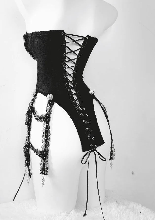 Original Heavy Industry Handmade Pure Black Goth Dark Strap Drawstring Corset Bird Cage Affordable Corset Top For Women
