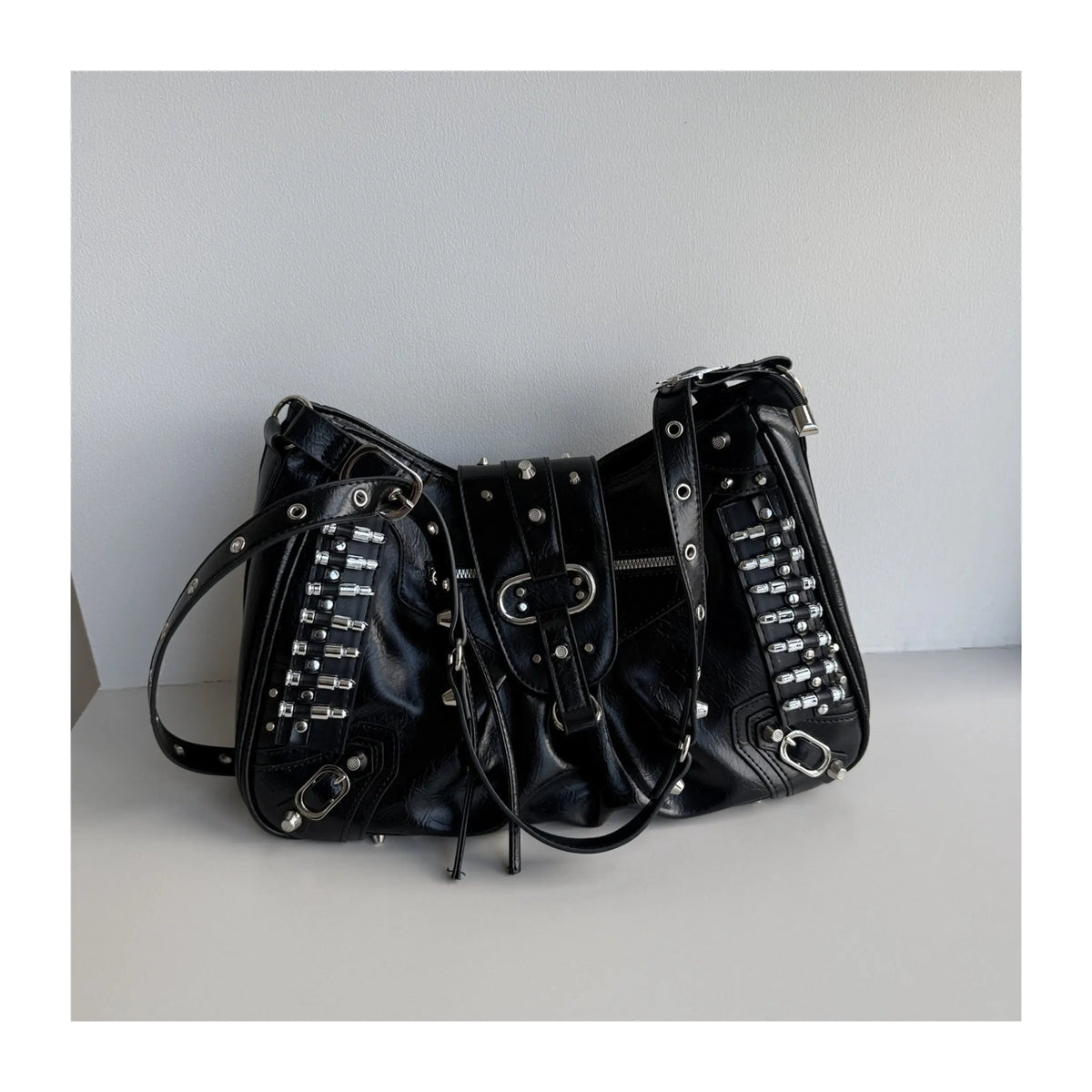 Punk Locomotive Bag Black Large Capacity Punk Tote Rivet Shoulder Bags for Women's Crossbody Bag