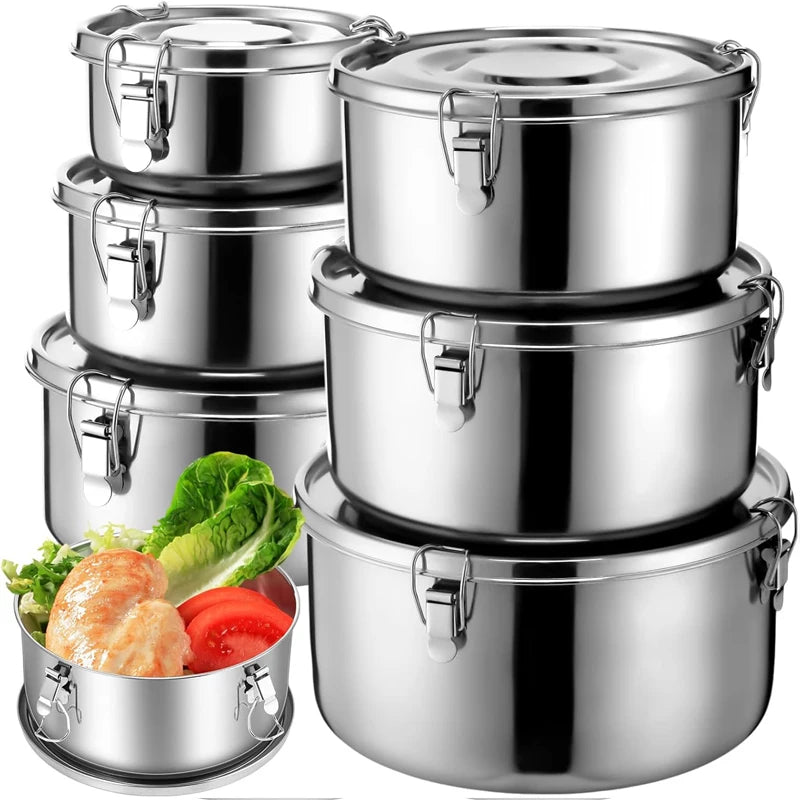 Stainless Steel Round Lunch Box with Lid Portable Leak-Proof Bento Boxes Food Storage Container Camping Picnic Bowl Containers