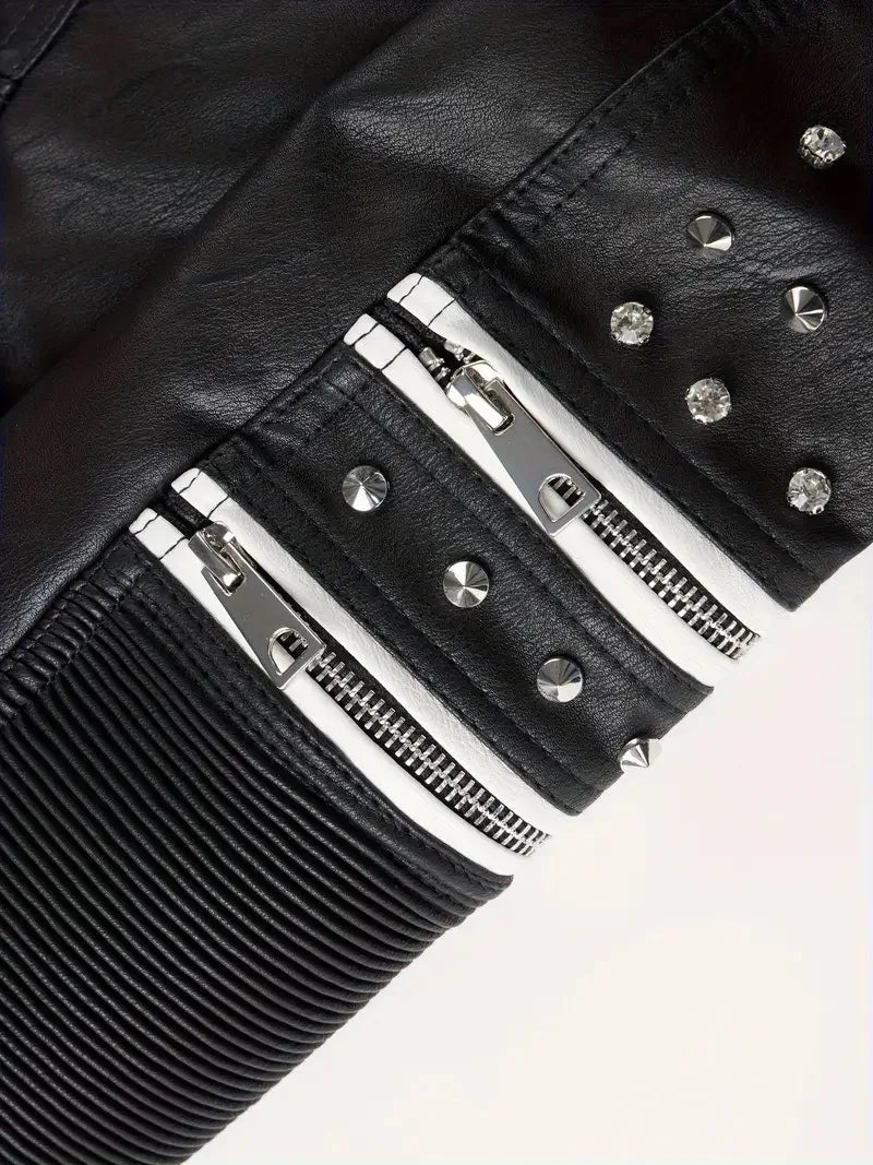 Luxury  Studded Leather Jacket, Motorcycle Slim Fit Punk Rock Women's Diamond Zipper Multi-Pocket Jacket zipper Coat Outwea