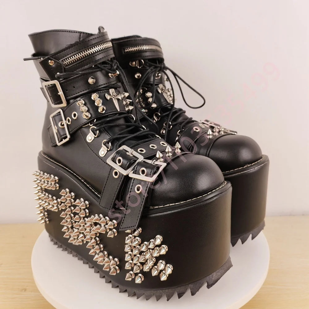 Punk Platform Studded Stage Boots 2025 New Street Rock Lace-Up Wedge Motorcycle Boots Fashion Cool Girl Party Casual Long Boots