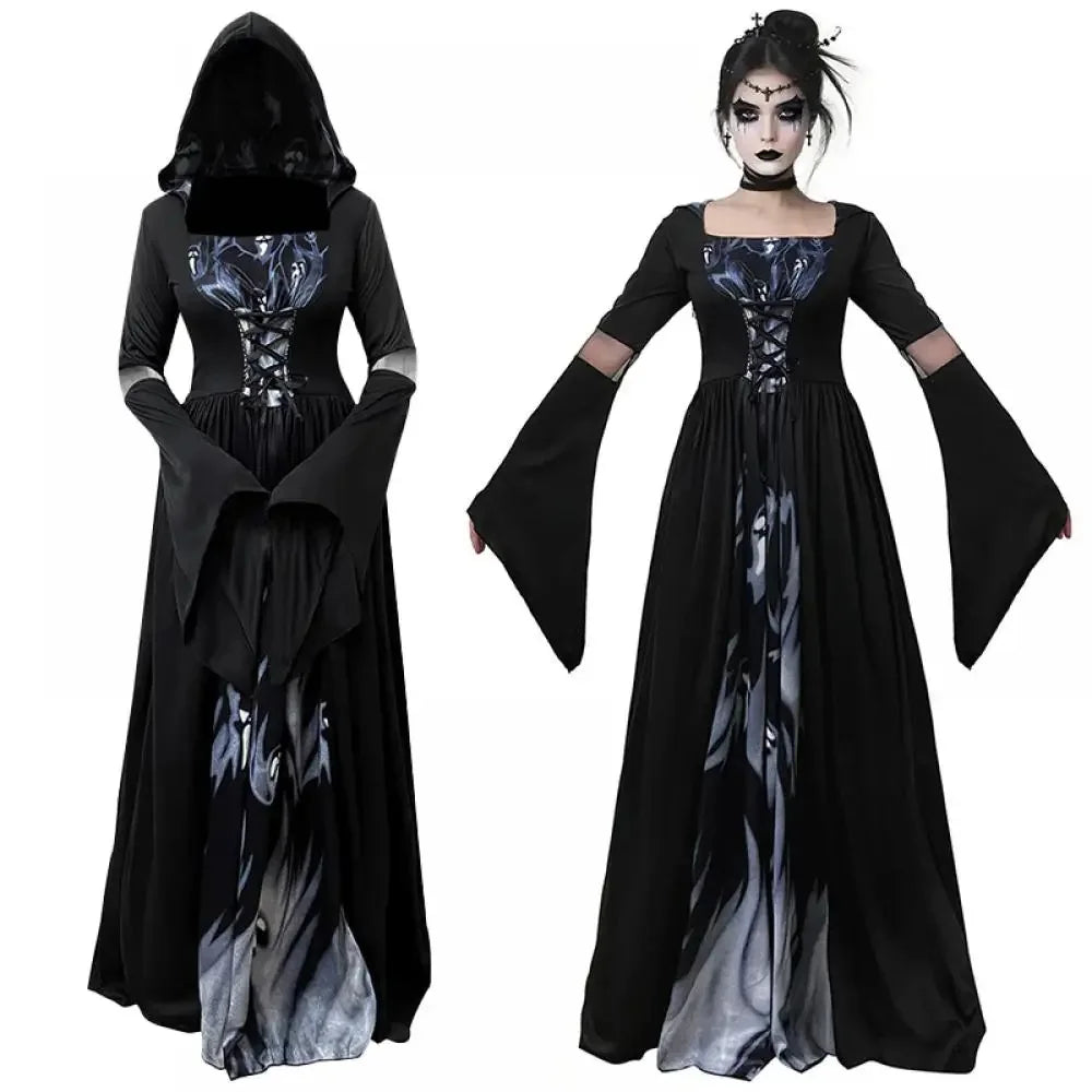 Halloween Witch Dress Gothic Vintage Dark-Style Hooded Vampire Dresses Bell Sleeves Full Skirt Waist Cinched Festival Party Gown