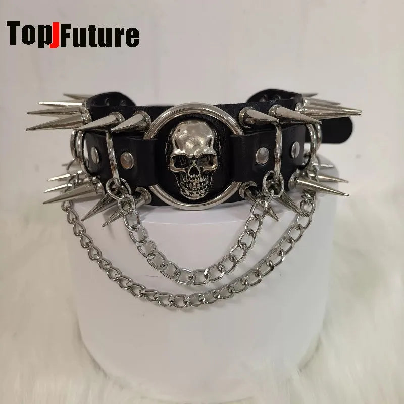 Y2K Gothic Punk Dark Rock Style Subculture PU Leather Skull Inlay Rivet Spikes Decor Metal Chain Necklace Alternative Choker