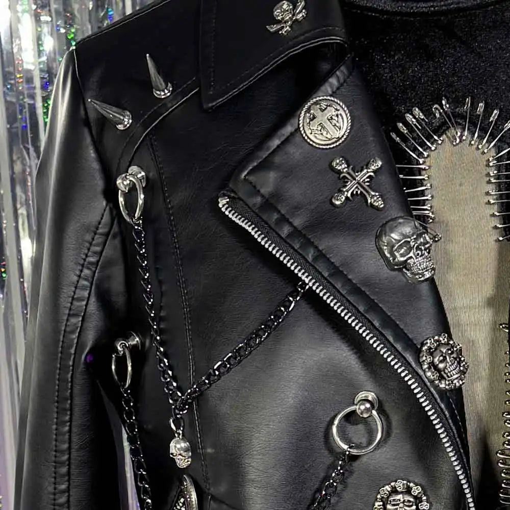 Y2K Vegan Leather Skull Studded Rivets Jacket Coat E-Girls Gothic Harajuku Grunge Chain Emo Eco DIY Punk Rock Hand Made