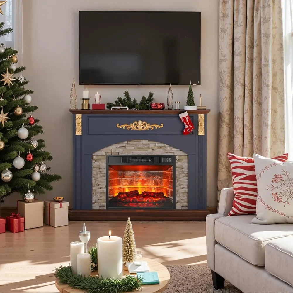 44in Electric Fireplace with Mantel, Stacked Stone, Gold Carvings, 23in Red Brick Insert, Blue
