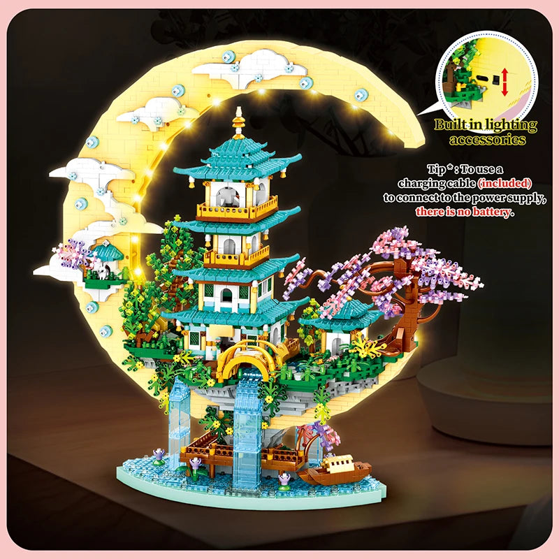 6180PCS Magic Castle Sakura House Building Blocks City Street Model With LED Lights Mini Bricks Toys Children's Christmas Gifts
