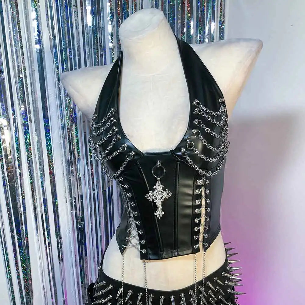 Y2K Cybergoth Gothic Corset Top for Women with Chain Tank Top Emo Clothing Grunge Style Cyber Punk Rock Rave Festival Bra Shirt