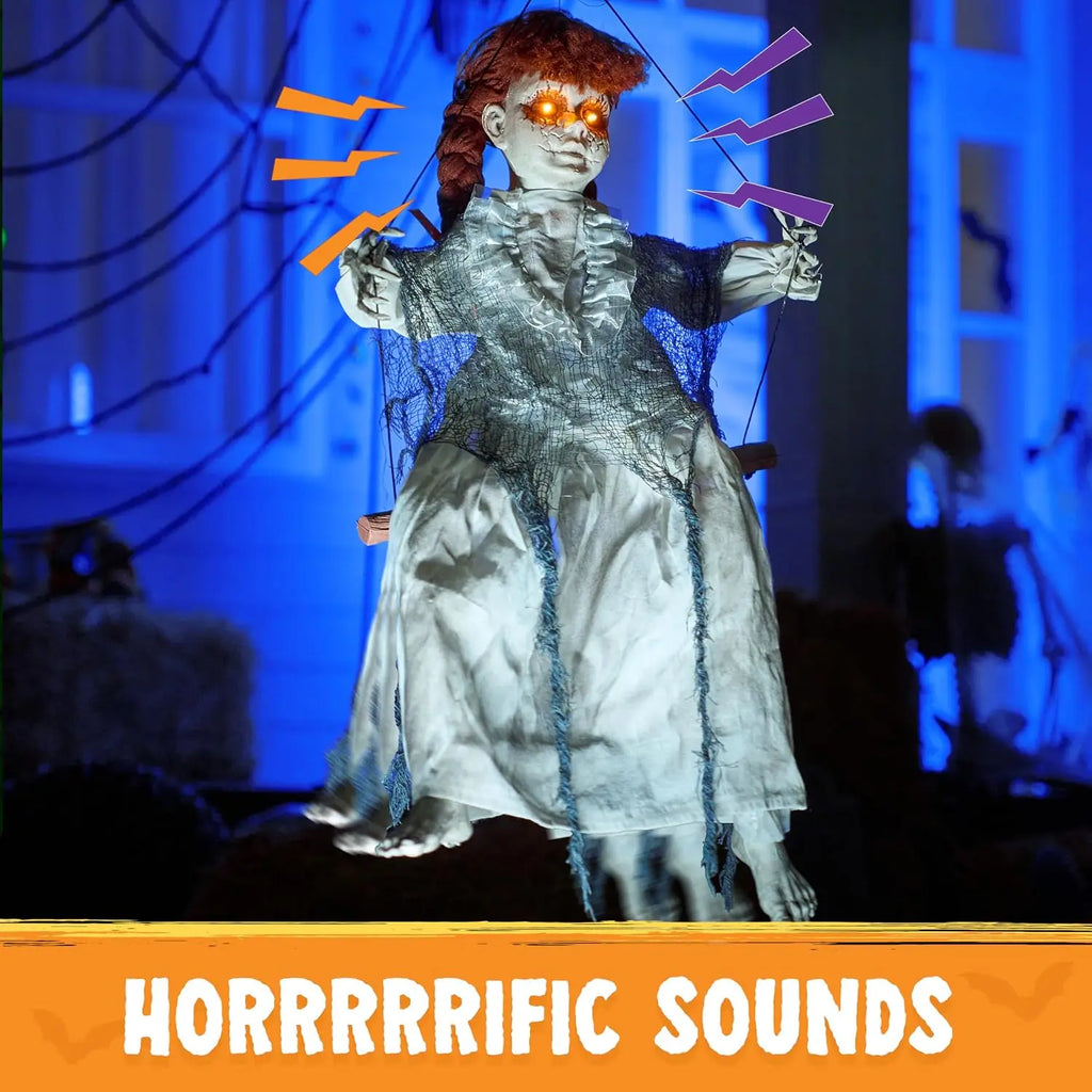 Scary Halloween Decorations Outdoor Halloween Hanging Scary Swing Girl Decorations Winging White Doll with Creepy Sound and Light Up Eyes Sound, Animatronics Hanging Decors Activated