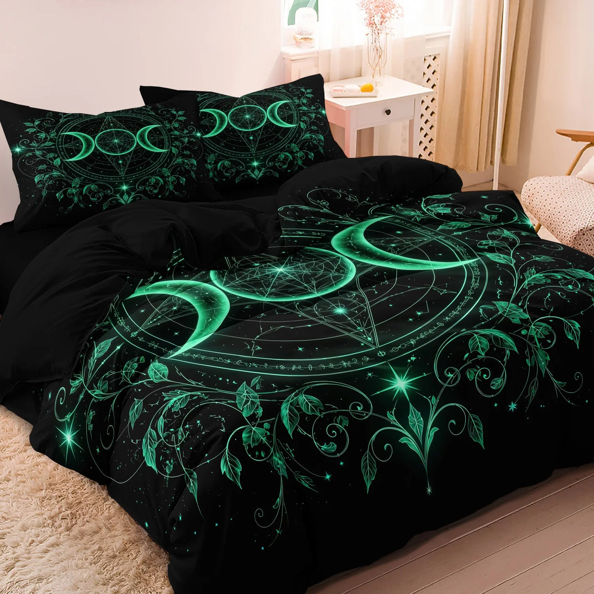 3pcs Set Gothic Triple Moon Starry Duvet Cover, Delicate Purple Botanical Mandala Bedding,  For Themed Hotel & Dorm Decoration