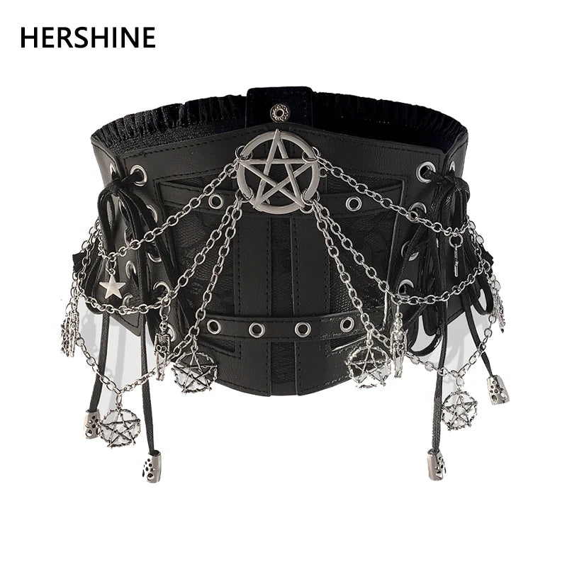HERSHINE Women's Black Fashion Star Chain Elastic Wide Waist Belt, Y2K Gothic Punk Harajuku Rock Hip Hop Accessory，spring，summer