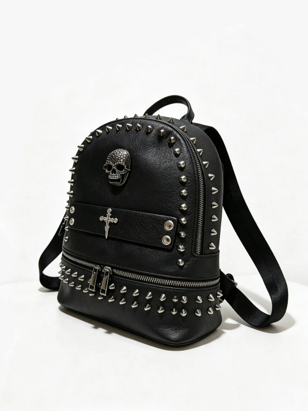 Original Design Punk Black Rivet Cross Backpack Skull Goth Locomotive Bag Fashion Leather Backpacks