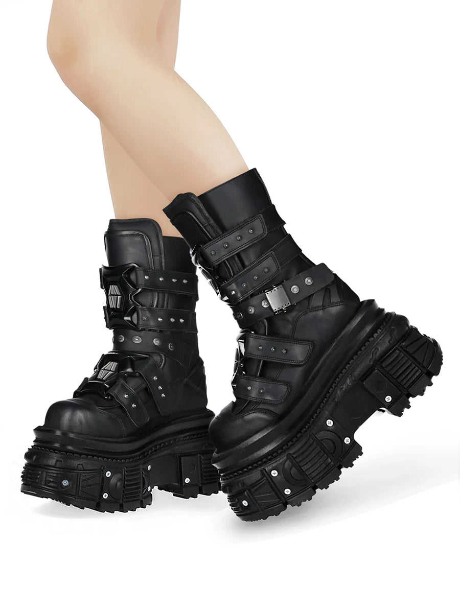 Cyberpunk Metal Black Motorcycle Boots 2025 New Street Rock Thick Sole Round Short Boots 36-45 Fashion Sports Casual Gothic Boot