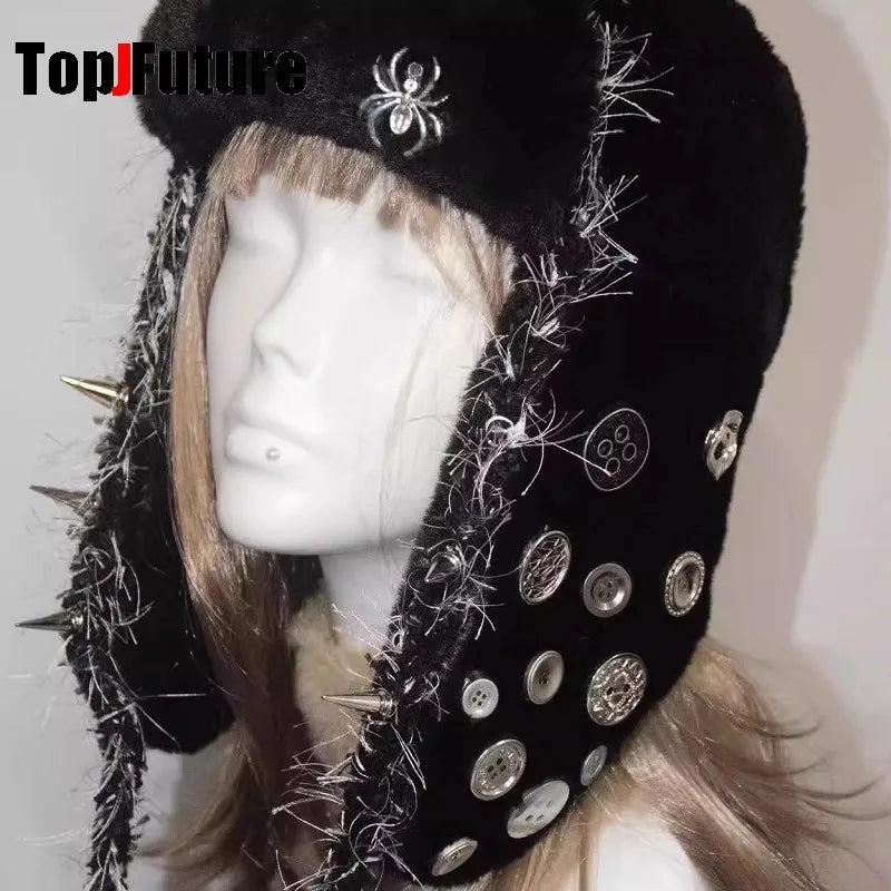 Gothic Lolita Y2k Girls Women's Subculture Punk Rivet Metallic Design Spike Warm Plush Fluffy Harajuku Winter Warmer Beanie Hat