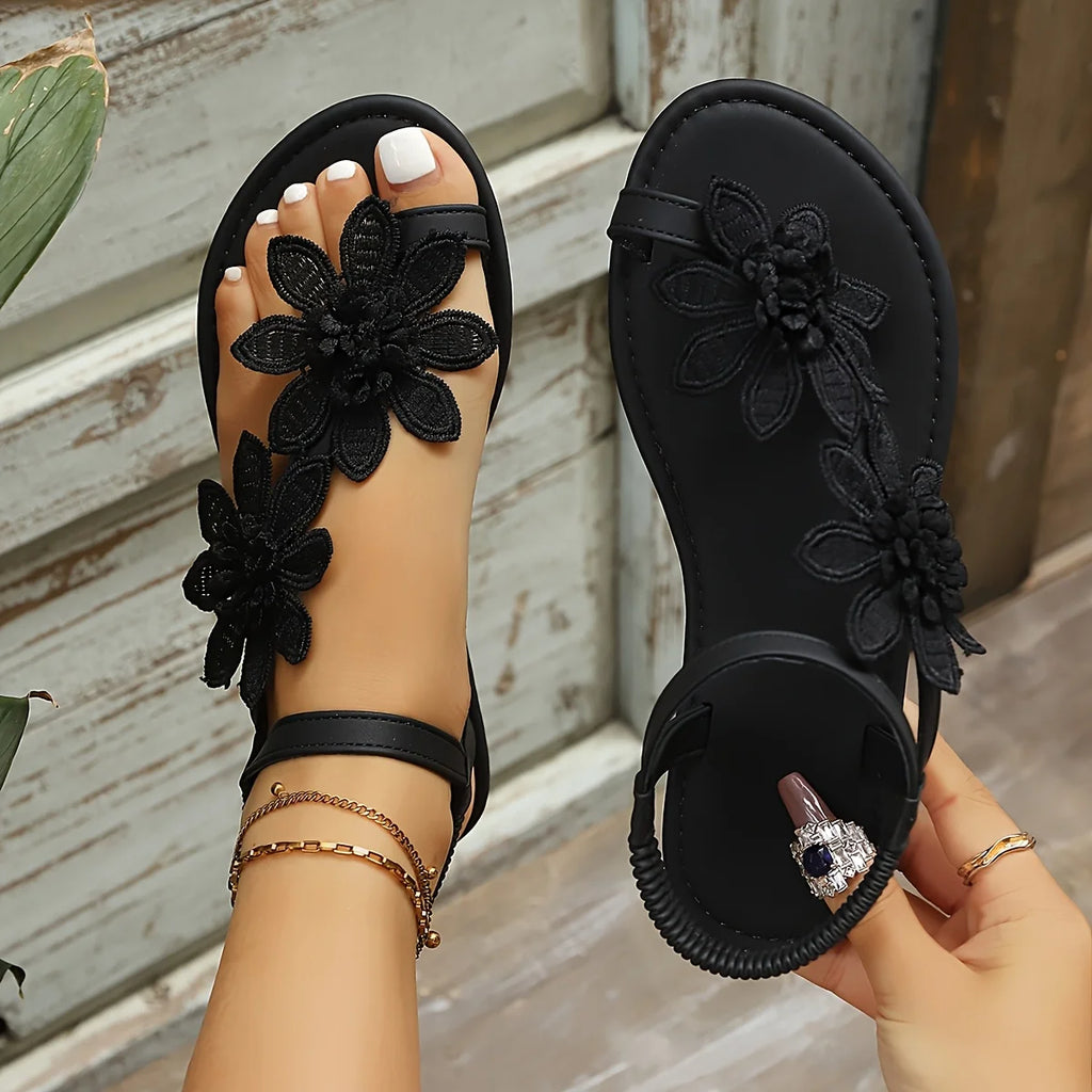2026 Summer Women 3D Floral Flat Sandals Lace Flower Ankle Strap Slingback Open Toe Slip On Lightweight Non Slip Comfort Walking Slippers Boho Beach Vacation Casual Daily Dating Wedding Party Shoes Black White Multiple Sizes
